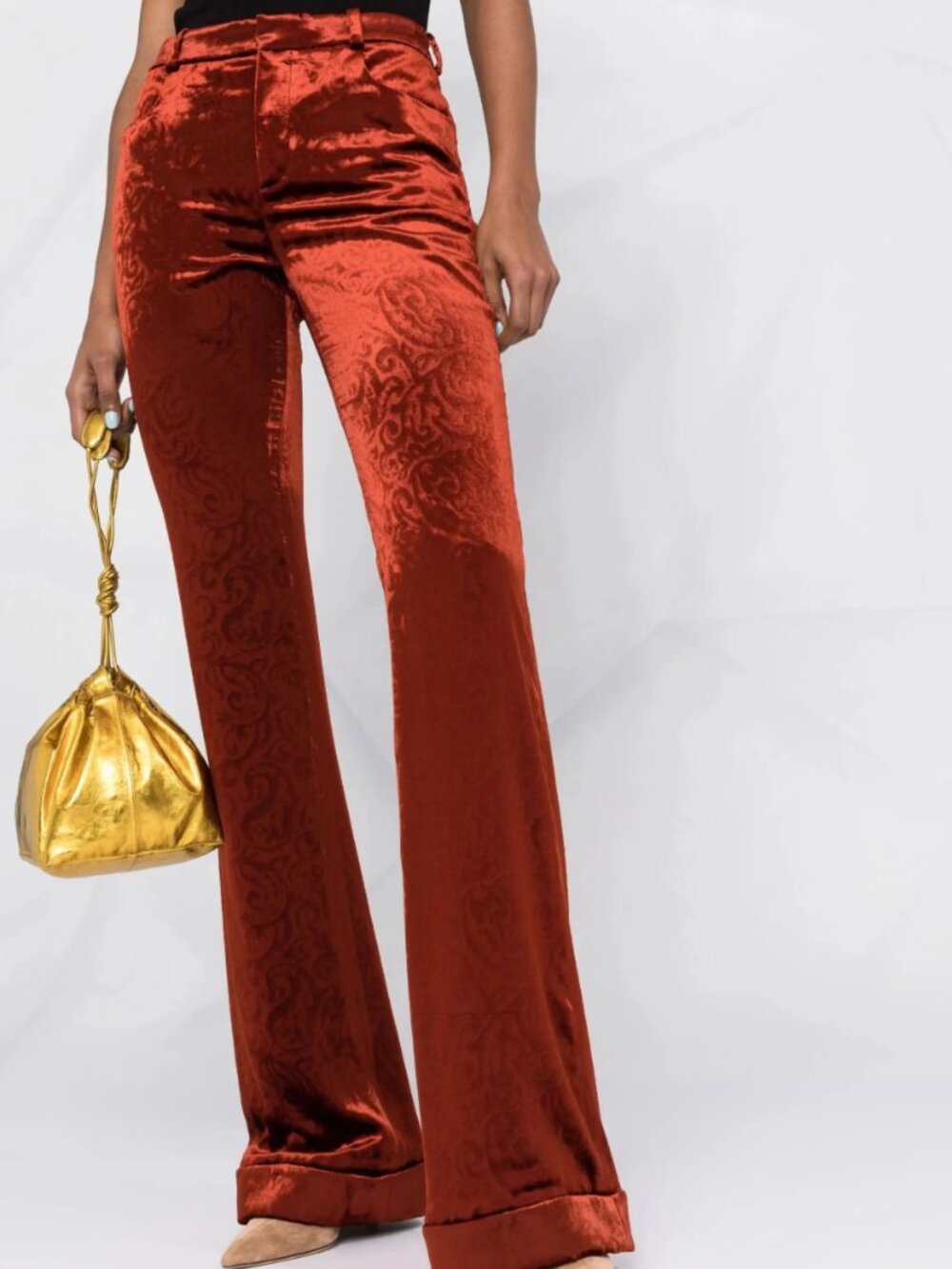RARE Saint Laurent Velvet-Like Paisley Print Burgundy/Orange Flare Pant